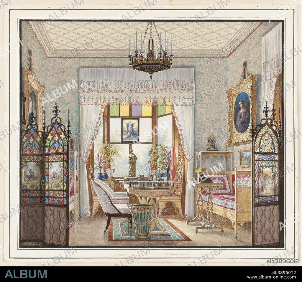 EDUARD PETROVICH HAU. Empress Alexandra Feodorovna's Sitting Room, Cottage Palace, St. Petersberg, Russia. Date/Period: Ca. 1855. Drawing. Brush and watercolor on white wove paper.