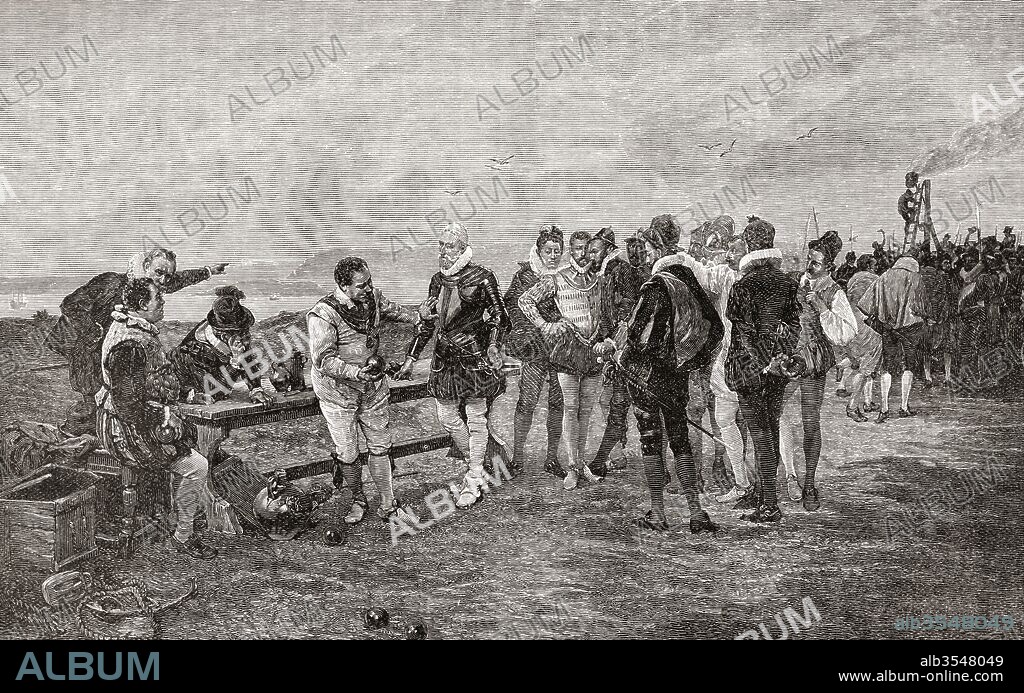 Sir Francis Drake whilst playing bowls on Plymouth Hoe, England, is informed of the approach of the Spanish Armada in 1588. After the painting by Seymour Lucas. Sir Francis Drake, vice admiral, c.?1540 – 1596. English sea captain, privateer, navigator, slaver and politician of the Elizabethan era. From The Century Edition of Cassell's History of England, published 1901.