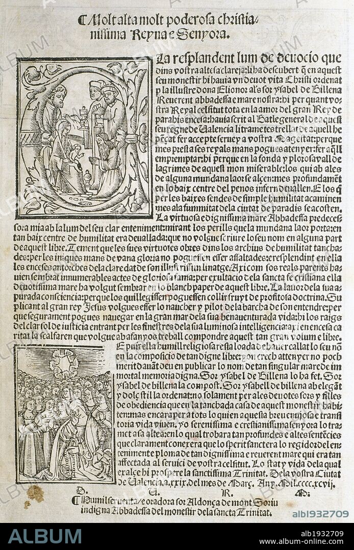 VILLENA, Sor Isabel de (Valencia, 1430-Valencia, 1490). Escritora en lengua catalana. "VITA CHRISTI". Es su único libro dedicado a la edificación de las monjas de la Trinidad. En él se narra la vida de Cristo. Primera página de la edición de 1916 de la obra de 1497.