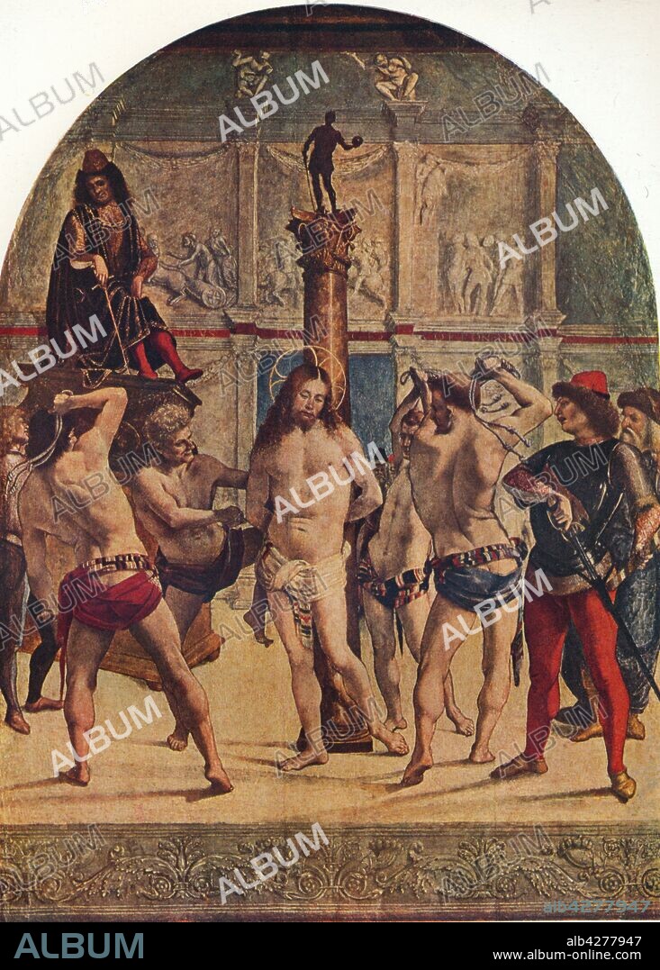 LUCA SIGNORELLI. 'The Flagellation of Christ', 1482-1485, (1930). Christ, tied to a column, is whipped by his persecutors. Painting in the Pinacoteca di Brera, Milan, Italy. From "The Connoisseur", Volume 86, edited by C. Reginald Grundy. [The Connoisseur Ltd, London, 1930].
