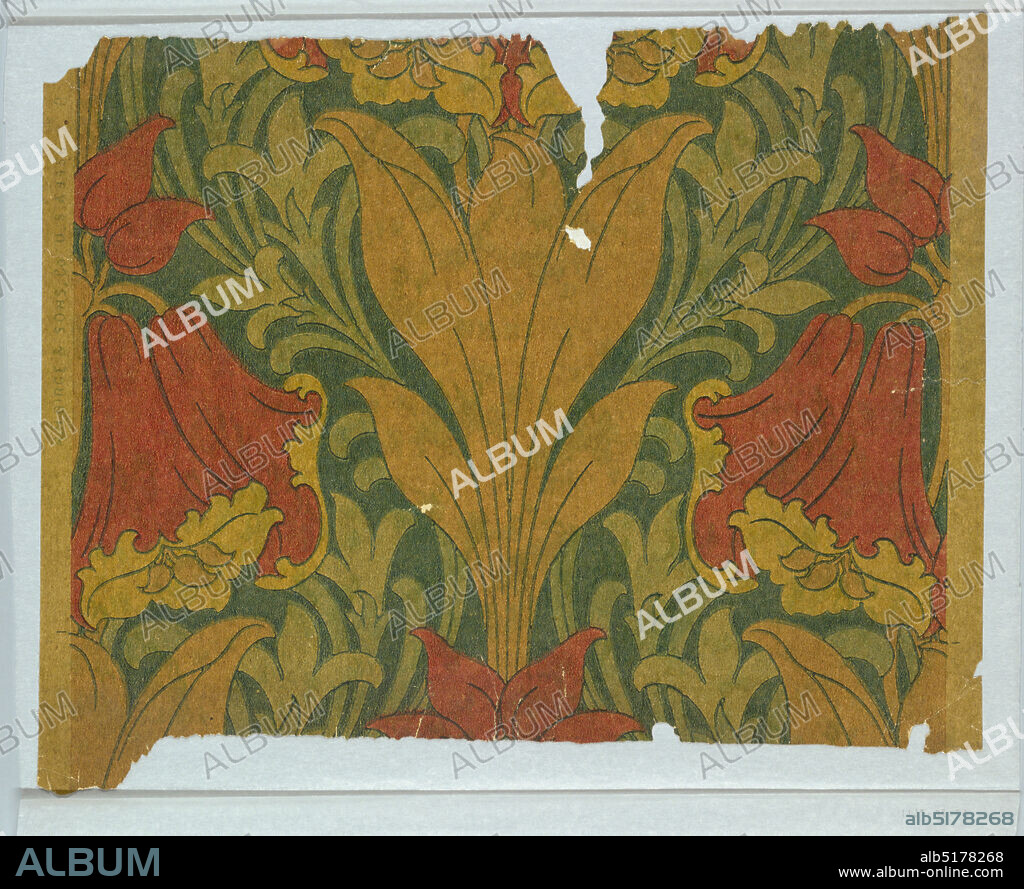 Sidewall, M.H. Birge & Sons Co., 1834, Machine-printed, Floral and foliate pattern in art nouveau style. Printed in green, red, and tan on a yellow ground,., Buffalo, New York, USA, 1902, Wallcoverings, Sidewall.