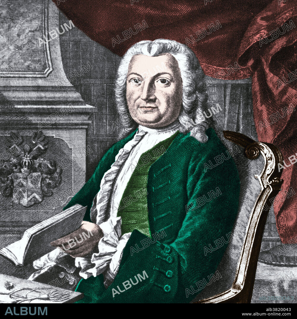 Portrait of Albrecht von Haller (October 16, 1708 - December 12, 1777), a Swiss anatomist and physiologist. Von Haller worked on the nervous system, and recognized the tendency of muscle fibers to contract when stimulated, or when the attached nerve is stimulated. He showed that only the nerves can transmit sensation, and that they are gathered into the brain. He wrote the first physiology textbook and worked on the circulation, respiration and digestion. He was the first to assess the effect of a medicine by testing it on the healthy. He was also a poet, bibliographer, botanist and political writer.