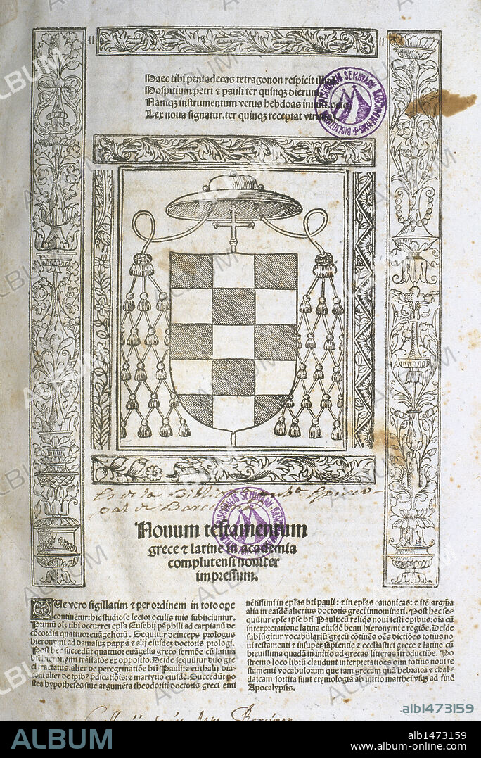 CISNEROS, Francisco Jiménez de (1436-1517). Biblia Políglota Complutense. Editada en Alcalà de Henares y publicada en 1514-1517.