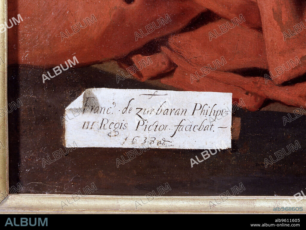 Detail of the signature of the painter Francisco de Zurbaran in the 'Adoration of the shepherds' painting.