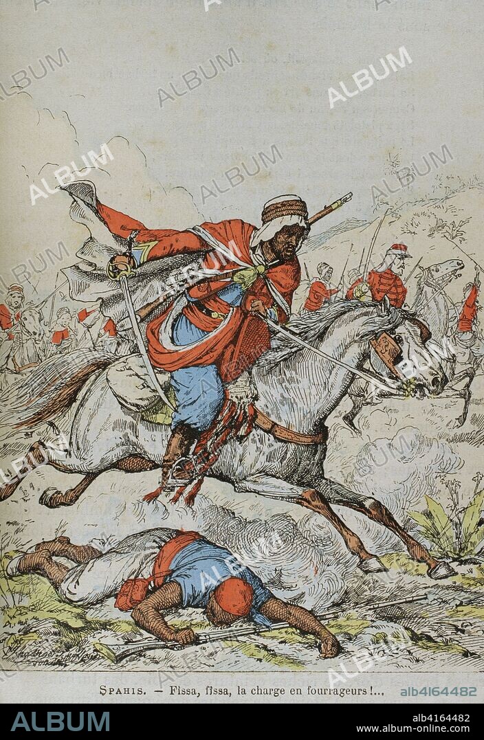Ejército francés. Epoca colonial del norte de Africa. Spahi. Los Spahis eran regimientos de caballería ligera del ejército francés reclutados principalmente de poblaciones indígenas de Argelia, Marruecos y Túnez. Ilustración a color de la "Armeé Française, Nos Soldats" (Ejército Francés, Nuestros Soldados). Ilustración firmada por Hussenot. Autor, Eugene Hennebert (1826-1896). París, h. 1890. Biblioteca Histórico Militar de Barcelona, Cataluña, España.