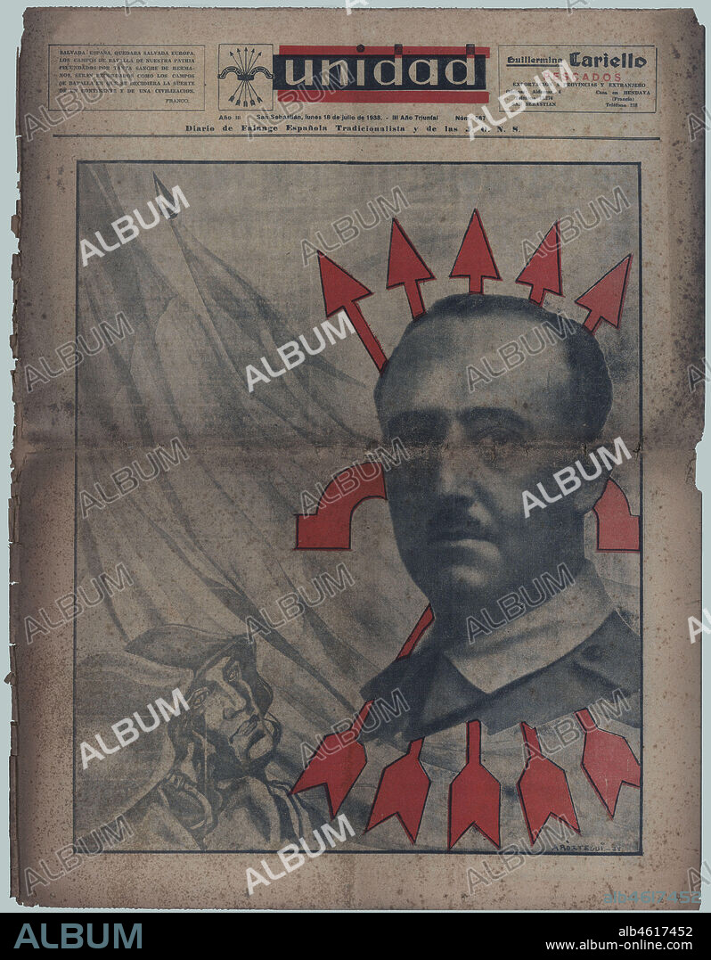 Portada del diario de Falange Española Tradicionalista y de las J.O.N.S., Unidad, dedicada a Francisco Franco Bahamonde (1892-1975). Editado en San Sebastián, julio de 1938.