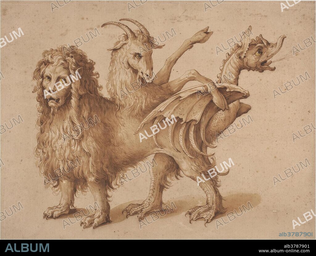 Jacopo Ligozzi (Atribuido a) / 'Una quimera'. 1590 - 1610. Aguada parda, Albayalde, Pluma, Toques de lápiz sobre papel amarillento, 323 x 424 mm.