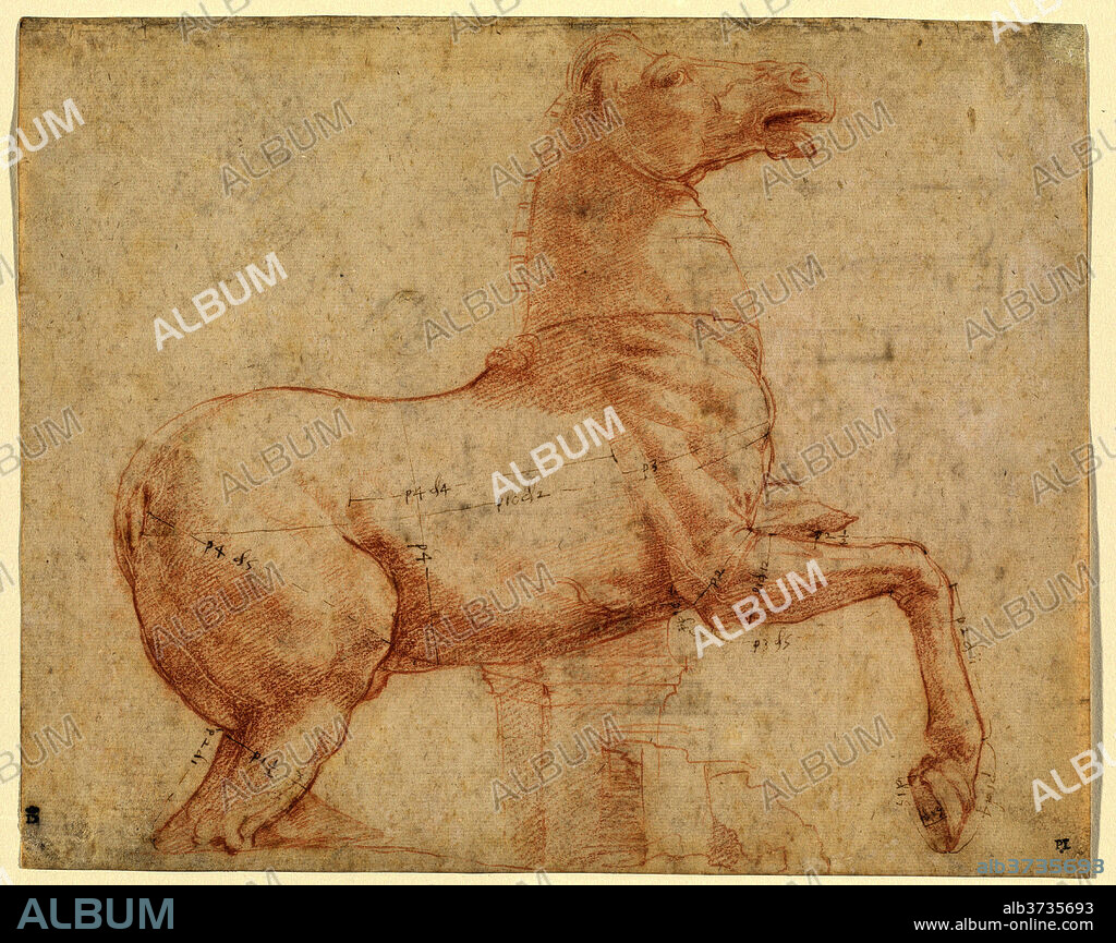 RAPHAEL. A Marble Horse on the Quirinal Hill [recto]. Dated: c. 1513. Dimensions: overall: 21.9 x 27.4 cm (8 5/8 x 10 13/16 in.). Medium: red chalk and pen and brown ink, with stylus underdrawing and traces of leadpoint on laid paper.