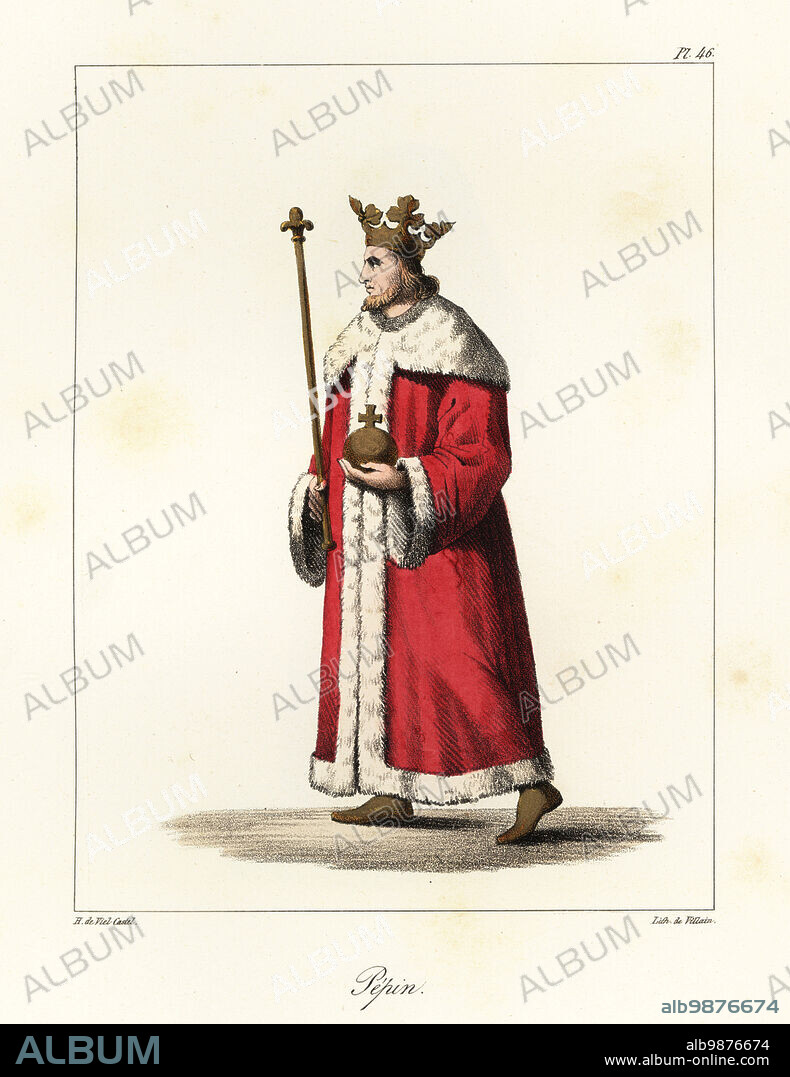 King Pepin the Short, King of the Franks, Carolingian Dynasty, 714-768. In crown with orb and sceptre, wearing a crimson cloak edged in ermine. Pepin le Bref. Handcoloured lithograph by Villain after an illustration by Horace de Viel-Castel from his Collection des costumes, armes et meubles pour servir à l'histoire de la France (Collection of costumes, weapons and furniture to be used in the history of France), Treuttel & Wurtz, Bossange, 1827.