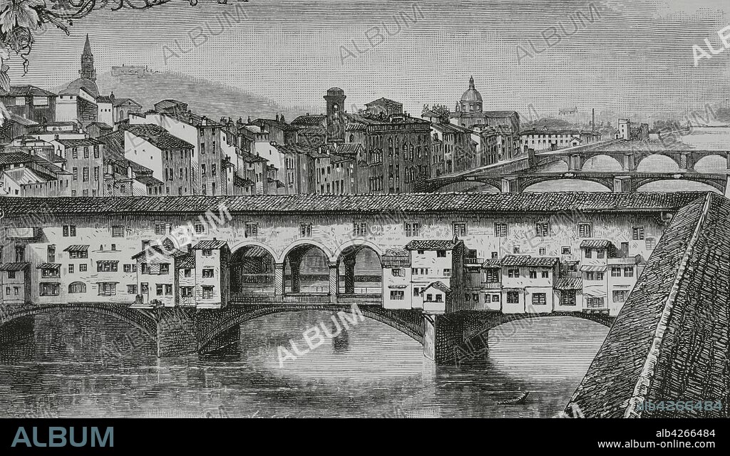 Italy, Florence. The "Ponte Vecchio" or "Old Bridge" over the river Arno. It was the only bridge across the river in 1218. The current bridge was rebuilt in 1345. Engraving. La Ilustracion Espa–ola y Americana, 1881.