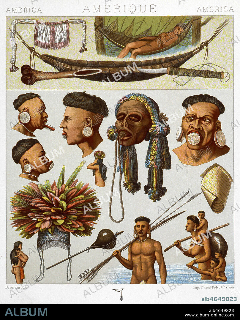 Indiens Guarani et Botocudos, Bresil et Praguay. Illustration tiree de l'ouvrage de RACINET 'Le costume historique', publie vers 1860. Credit : Collection KHARBINE-TAPABOR.