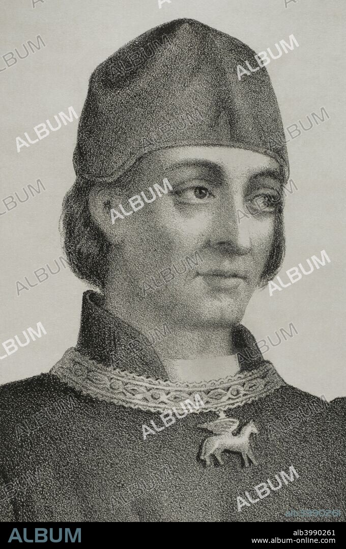 Carlos de Viana (1421-1461). Infante de Aragón y Navarra, príncipe de Viana y de Gerona, duque de Gandía y de Montlanc, y rey titular de Navarra como Carlos IV (1441-1461). Dibujo por Llanta. Detalle. Litografía. Crónica General de España, Historia Ilustrada y Descriptiva de sus Provincias. Cataluña, 1866. Biblioteca Histórico Militar de Barcelona. Cataluña, España.