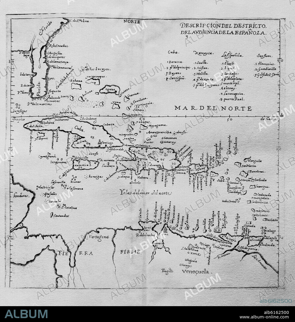 MAPA - DISTRITO DE LA ESPAÑOLA - MAR DEL NORTE - CUBA - MARTINICA.