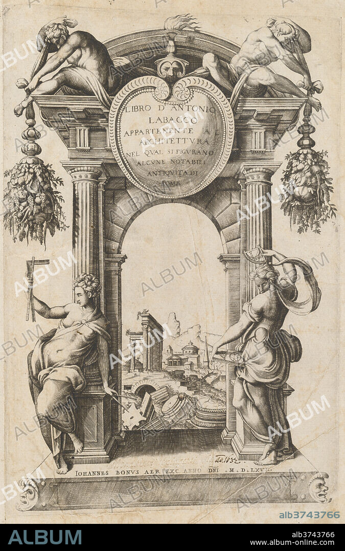 ITALIAN 16TH CENTURY, AFTER ANTONIO LABACCO, PUBLISHED BY GIOVANNI BONI. Libro Appartenente al Architettura [Title Page]. Dated: 1568. Dimensions: overall size (volume closed): 40.6 x 30.2 cm (16 x 11 7/8 in.)  plate: 32.7 × 22.2 cm (12 7/8 × 8 3/4 in.). Medium: engraving.