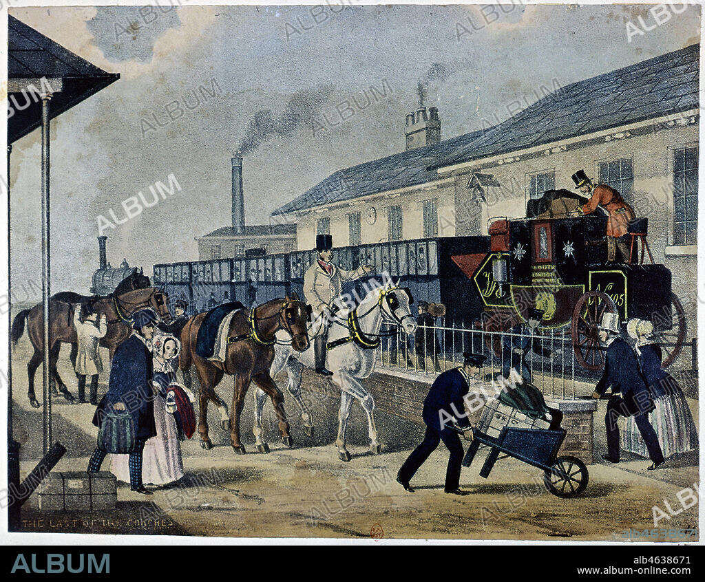 Une gare a LONDRES vers 1850. Lithographie. 'The Last of the Coaches', c1840. la fin des voitures a cheval. Le service de malle poste royale cree en 1780, devient florissant lors de l'arrivee du chemin de fer en 1830. La malle , diligence a cheval n'est plus employee a partir de ce moment la. L'image montre la ligne Londres a Louth dans le Lincolnshire. Les chevaux sont detaches tandis que la diligence est raccordee au dernier wagon. 19eme siecle. Credit COllection JEAN VIGNE/KHARBINE TAPABOR.