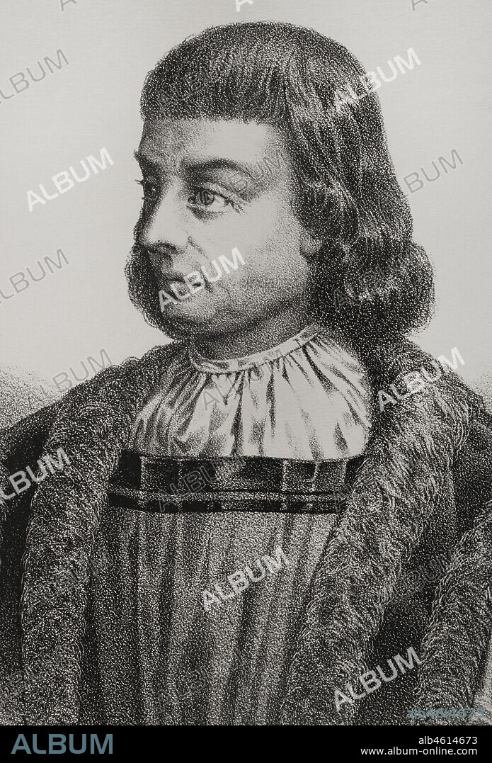 ISIDORO SALCEDO. SPANISH PAINTER, LITHOGRAPHER AND CARTOONIST,19TH CENTURY.. Alonso Fernández de Lugo (?-1525). Hidalgo castellano. Conquistador de las islas de La Palma y Tenerife. Primer adelantado de las Islas Canarias y gobernador vitalicio de Tenerife y La Palma. Retrato. Dibujo por Salcedo. Litografía. Crónica General de España, Historia Ilustrada y Descriptiva de sus Provincias. Canarias, 1871.