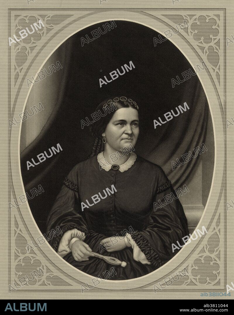 Mrs. Abraham Lincoln engraved by Samuel Sartai, 1864. Mary Ann Todd Lincoln ( December 13, 1818 - July 16, 1882) was the wife of the 16th President of the United States, Abraham Lincoln, and was First Lady of the United States from 1861 to 1865. Mary was raised in comfort and refinement. She was regarded as witty and gregarious, with a grasp of politics. She was courted by Stephen A. Douglas, but chose to marry the self-taught, country lawyer Abraham Lincoln, who, ironically would defeat Douglas in their bid for presidential election. She suffered from severe headaches throughout her adult life as well as protracted depression. A history of public outbursts throughout Lincoln's presidency, as well as excessive spending, has led some historians and psychologists to speculate that Mary in fact suffered from bipolar disorder. She sat with her husband at Ford's Theatre, when he was shot in the head by an assassin. The United States Congress granted Mrs. Lincoln a life pension in the amount of $3,000 a year. The Lincoln's had four sons, but only Robert and Tad survived to adulthood, and only Robert outlived his mother. Her final years were marked by declining health and she died in 1882, age 63.