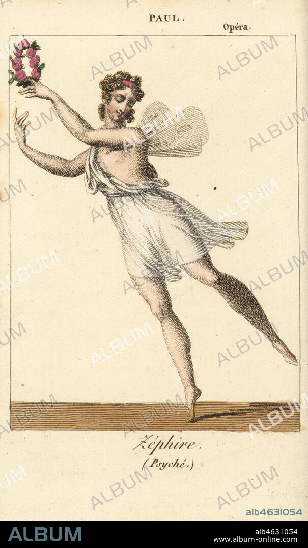 French ballet dancer Paul as Zephyr in Psyche by Stanislas Champein at the Opera de Paris, 1817. Handcoloured copperplate engraving from Charles Malo's Almanach des Spectacles par K. Y. Z, Chez Louis Janet, Paris, 1819.