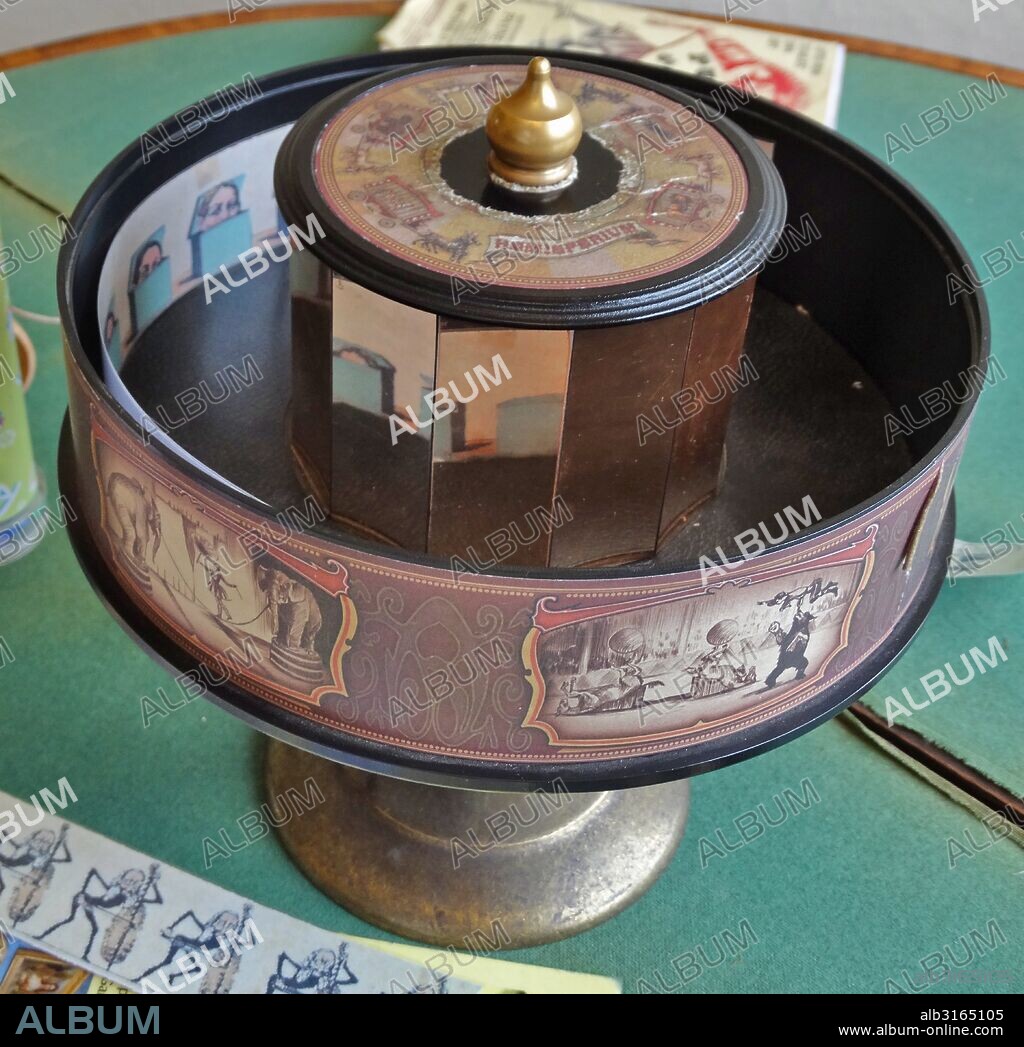 A phenakistoscope, an early animation device that used the persistence of vision principle to create an illusion of motion. Dated 1840.