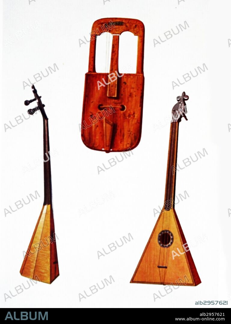 Welsh Crwth and Russian Balalåika. The Crwth is a rare Welsh instrument which is supposed to have been the 'Chrotta Brittania' mentioned in the odes of Venantius Fortunatus. The Balalåika is a Russian peasant's guitar. The common instrument is usually quite plain although this one is decorated.