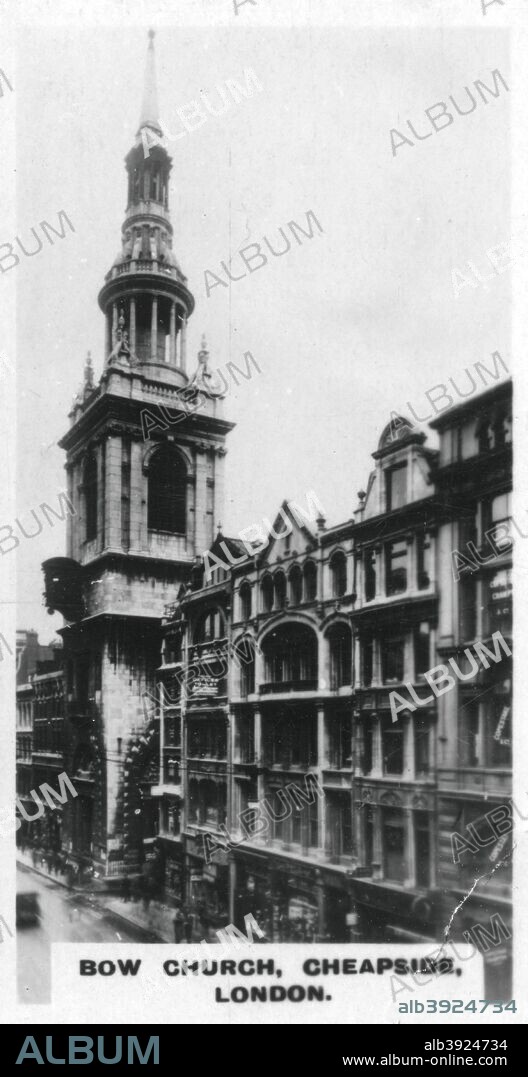 Bow Church, Cheapside, London, c1920s. The church of St Mary le Bow was designed by Christopher Wren and built between 1671 and 1673, after the previous church was destroyed in the Great Fire of London. Cigarette card produced by the Westminster Tobacco Co Ltd, The second series of British royal and ancient buildings.