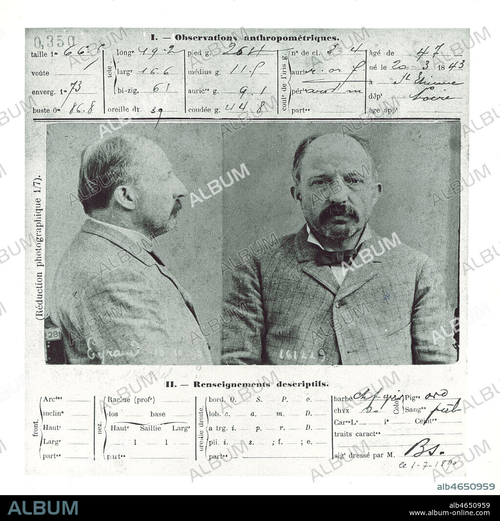 Portrait anthropometrique de Michel EYRAUD l'assassin de GOUFFE, 1 juillet 1890. Archives de la prefecture de Police de Paris a propos de l'Affaire GOUFFE dite aussi LA MALLE SANGLANTE . Credit Collection Kharbine Tapabor.