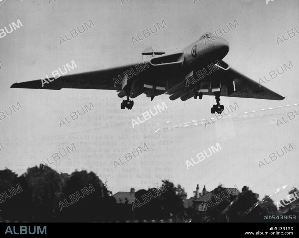 Britain's New Jet Bomber In Flight -- The new Avro 698 in flight. On Saturday (August 30th) Britain took off the secret list the world's first four-engined operational delta bomber, the Avro 698. On the same day the new jet aircraft successfully made its first flight. Afterwards, Mr. Duncan Sandys, Minster of Supply disclosed that the Government had ordered an appreciable number' of these new bombers without writing for the prototype to carry out the usual flying trails. Designed to fly at alti.