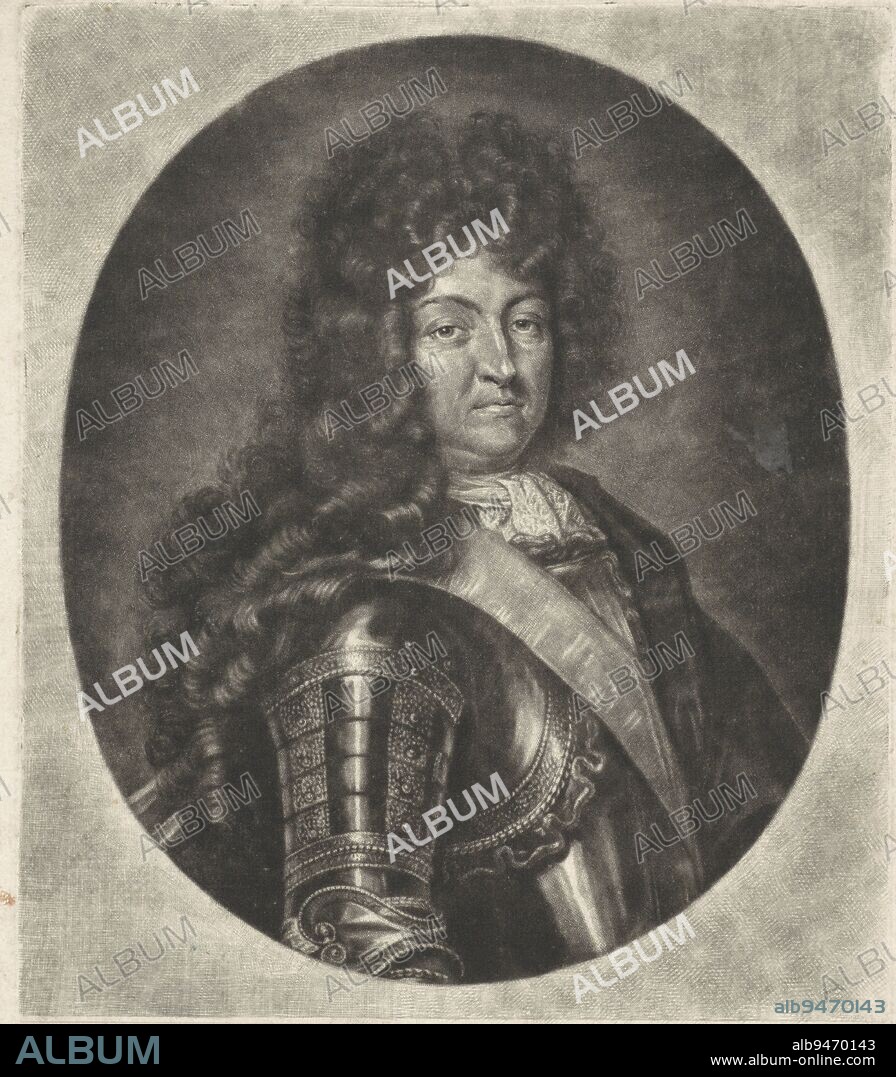 Portrait of Louis XIV, King of France, Jacob Gole, after Jean de La Haye, 1670 - 1724, Louis XIV, King of France, in armor with lace collar, sash and long curly wig., print maker: Jacob Gole, (mentioned on object), Jean de La Haye, (mentioned on object), publisher: Jacob Gole, (mentioned on object), Amsterdam, 1670 - 1724, paper, engraving, h 255 mm × w 182 mm, FTZYC Doctype.