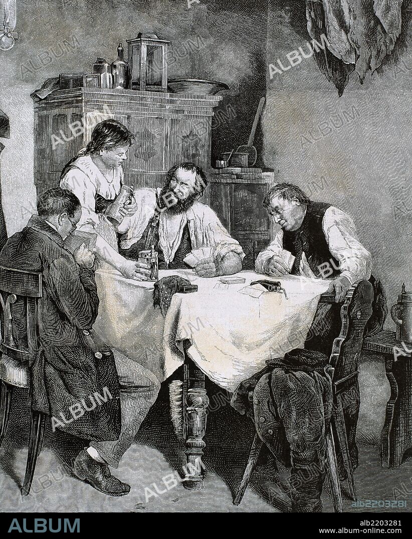 Familia obrera jugando a las cartas en su casa. Grabado del año 1887, obra de L. Rulf.