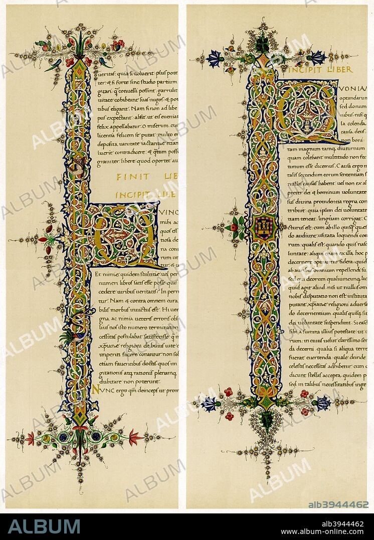 Illuminated initial letters, late 15th century. From De Civitate Dei, written and illuminated in Italy. Illustration from Illuminated Manuscripts in the British Museum, Miniatures, Borders, and Initials by George F Warner, series I, (British Museum, London, 1899).