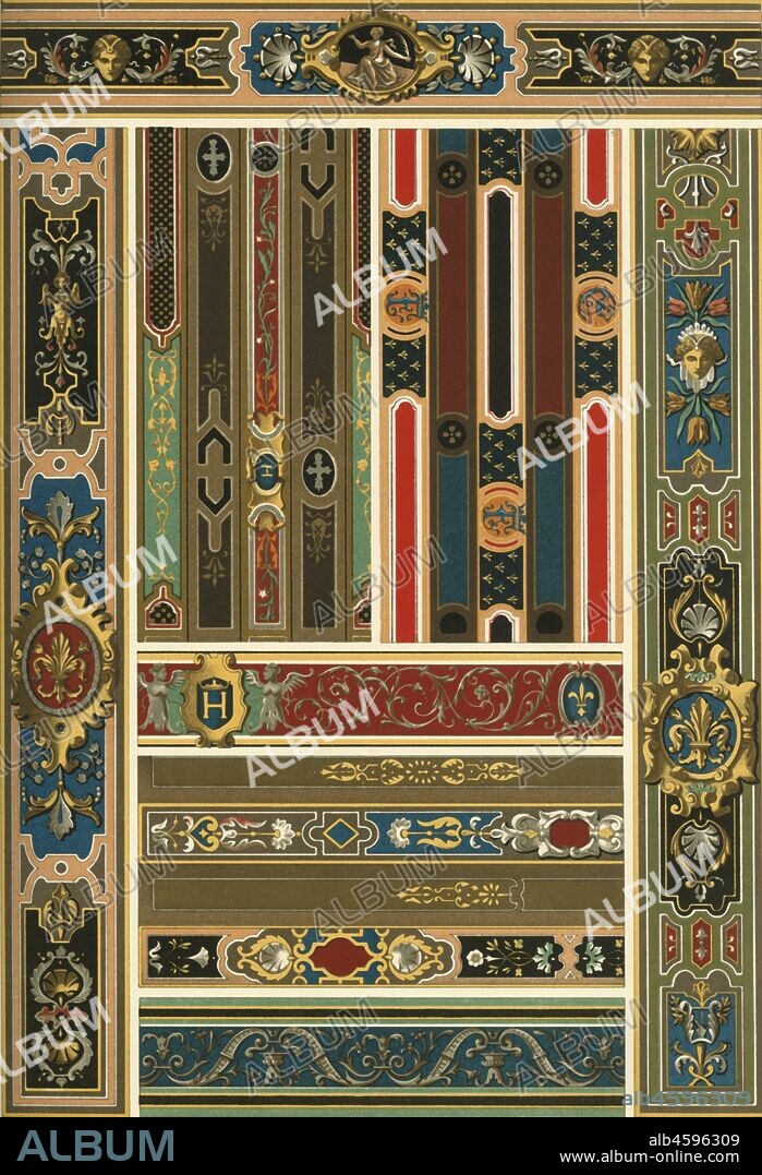 French Renaissance ceiling painting, (1898). 'Figs 1 and 3: Painted ceilings of timbers in the Castle at Blois (François I), [16th century]. Figs 2 and 4: Painted binding-beams on the same ceilings. Fig 5: Painted span-ceiling in the Castle at Wideville (Louis XIII), [17th century]. Figs 6, 7 and 8: Painted binding-beams on the same ceiling...In this plate span-ceilings only are taken into consideration, the character of which is entirely preserved by the applied painting. Each single beam has a special painting, several of them together forming a pattern regularly repeated...The lateral faces of the beams have generally only one tone; the connecting beams however, are distinguished by a rich decoration on the sides and on the under face...'. Plate 63 from "The Historic Styles of Ornament" translated from the German of H. Dolmetsch. [B.T. Batford, London, 1898].