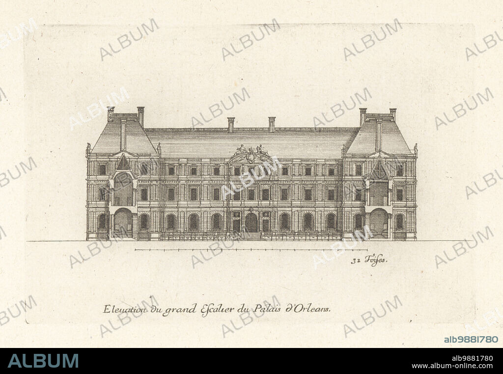Elevation of the grand staircase to Luxembourg Palace (Palais du Luxembourg), built to the designs of French architect Salomon de Brosse for Marie de' Medici. Elevation du grand escalier du Palais d'Orleans. Copperplate engraving drawn and engraved by Jean Marot from his Recueil des Plans, Profils et Elevations de Plusieurs Palais, Chasteaux, Eglises, Sepultures, Grotes et Hotels,Collection of Plans, Profiles and Elevations of Palaces, Castles, Churches, Tombs, Grottos and Hotels, chez Mariette, Paris, 1655.
