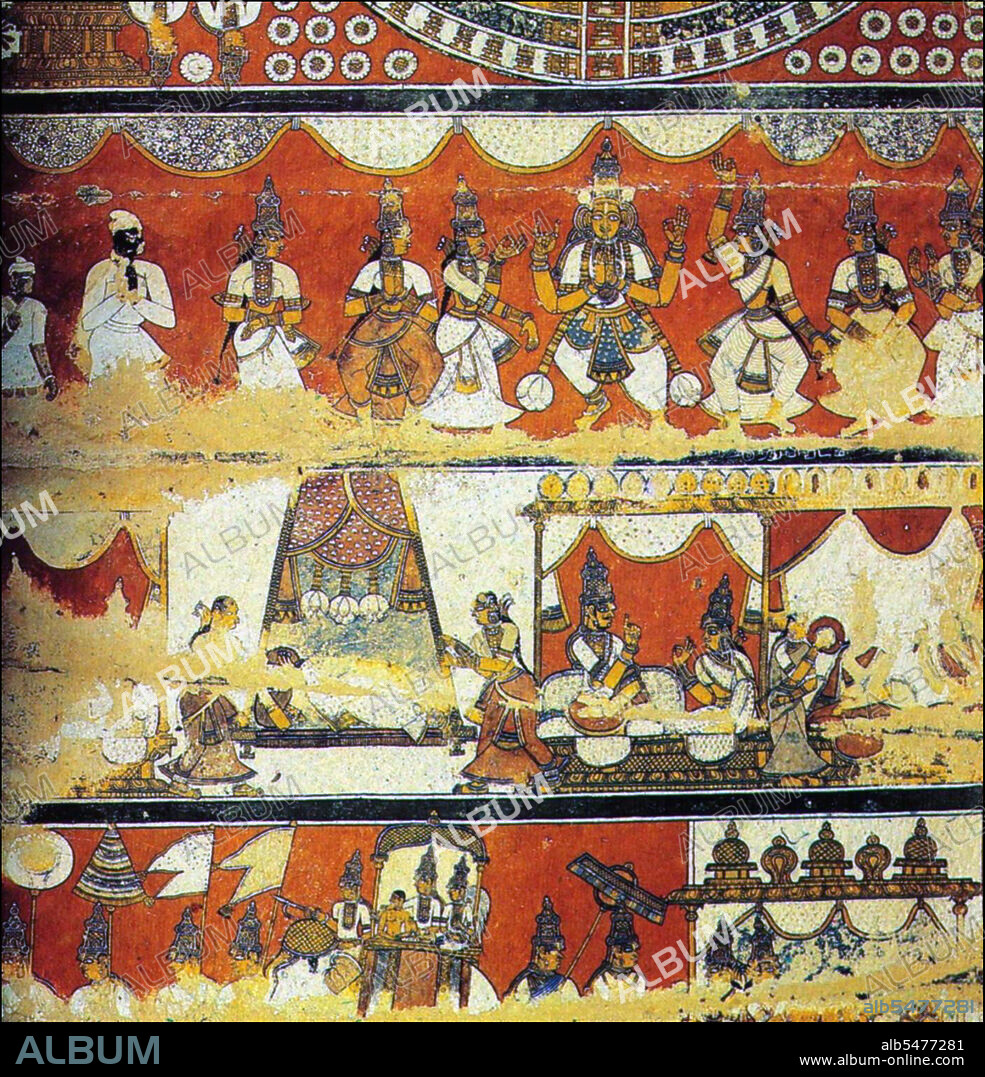 Top - A scene from the life of Rishabhadeva: Saudharmendra dances on seeing the Samavasarana. Centre - Scenes from the life of Vardhamana (Mahavira). King Siddharta and his wife Priyakarini: Priyakarini dreams (left) and then tells the dream to Siddharta (right). Bottom - Sachi, wife of Saudharmendra taking the child (Vardhamana) for janmabhisheka.
