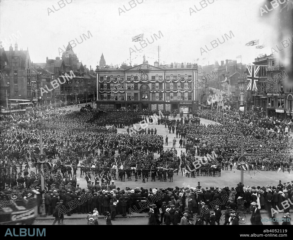 Coronation celebrations for King George V, Market Place, Nottingham, Nottinghamshire, 1911. King George V (1910-1936) was born on 3rd June 1865, the second son of Edward VII and Alexandra. His early education was somewhat insignificant as compared to that of the heir apparent, his older brother Albert. George chose the career of professional naval officer and served competently until Albert died in 1892, upon which George assumed the role of the heir apparent. He married Mary of Teck (affectionately called May) in 1893, who bore him four sons and one daughter. The coronation of King George V took place at Westminster Abbey on 22 June 1911. He died the year after his silver jubilee after a series of debilitating attacks of bronchitis, on January 20, 1936.