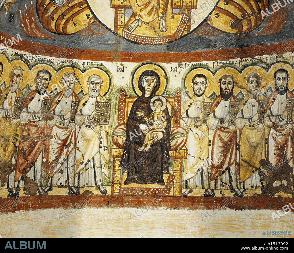 Egyptian civilization, Coptic Period, 6th century. Painted niche from the monastery of Saint Apollo at Bawit. Detail: the Virgin surrounded by apostles.