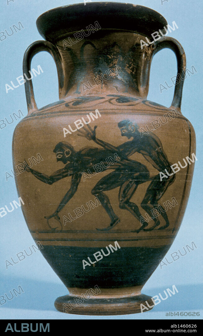 Greek art. Amphora. Black-figure pottery. Erotic decoration. Dated between V-IV centuries B.C. Pompeii. Italy.