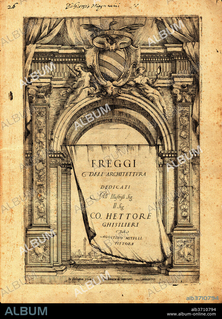 AGOSTINO MITELLI (ARTIST). Freggi Dell'Architettura. Dated: published 1645. Dimensions: book: 38.6 x 28.3 cm (15 3/16 x 11 1/8 in.). Medium: Bound volume with etched title plate, etched dedication, 48 etched plates on 24 leaves (two plates per leaf)..