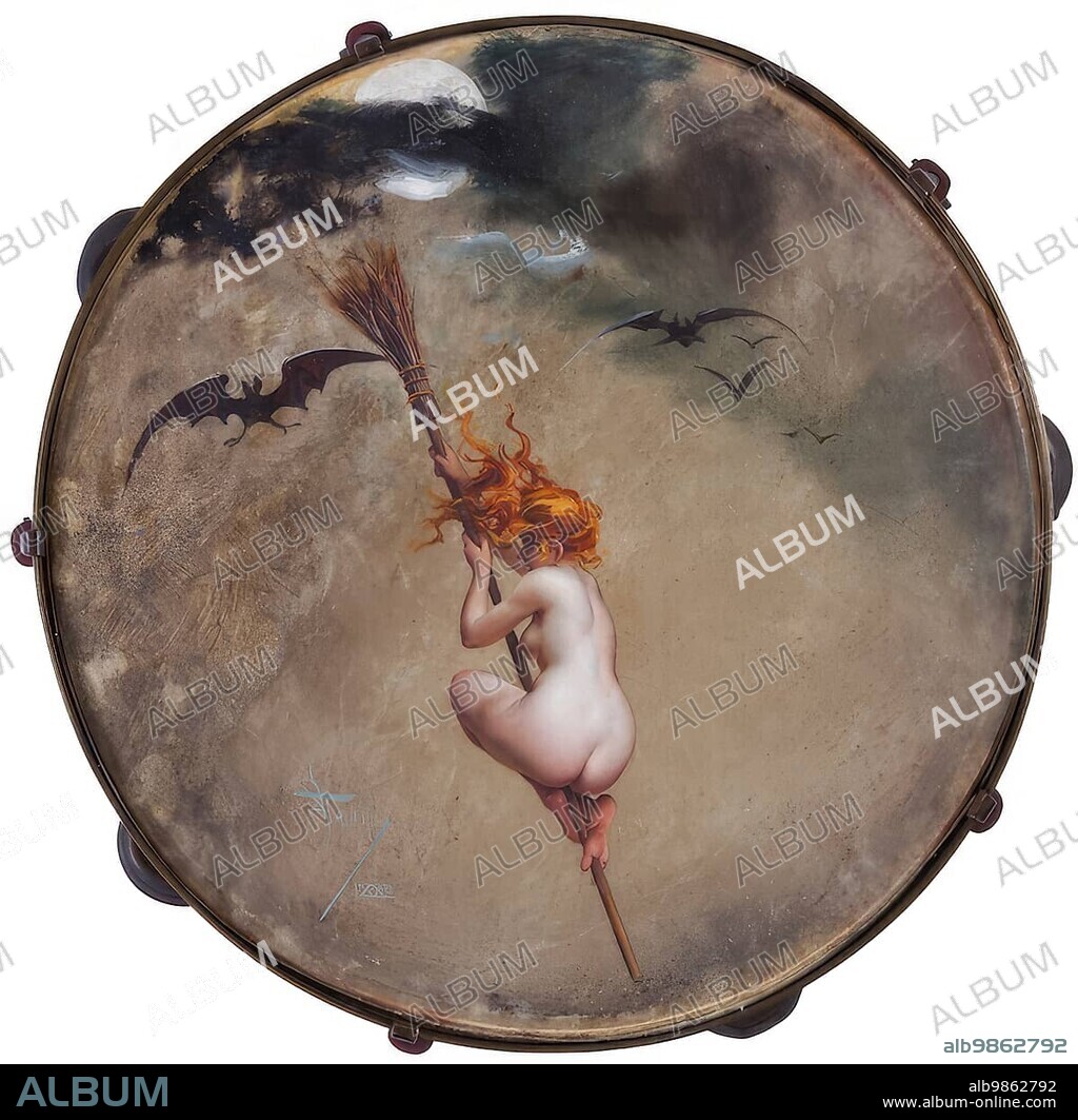 A naked red-haired witch riding her broom through the night, painted on a tambourine, artwork by Luis Ricardo Falero, Historic, digitally restored reproduction from an original of the period