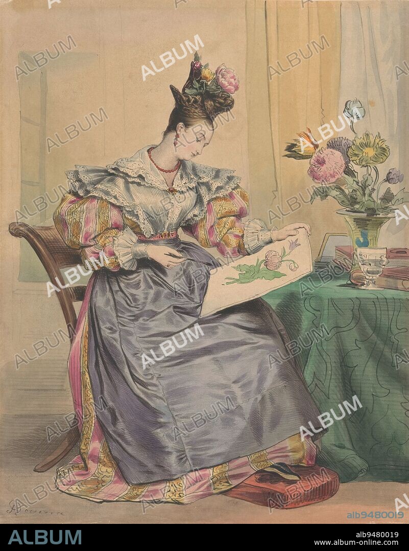 Woman colors a print, 4 heures du soir, Hours of the day (series title), Les Heures du jour (series title), A woman colors a print with flowers, in front of her on the table a bouquet in a vase. She wears a dress and her braided hair is raised and decorated with flowers., print maker: Achille Devéria, (mentioned on object), printer: Antoine Catherine Adolphe Fonrouge, (possibly), c. 1830, paper, height 268 mm × width 211 mm.