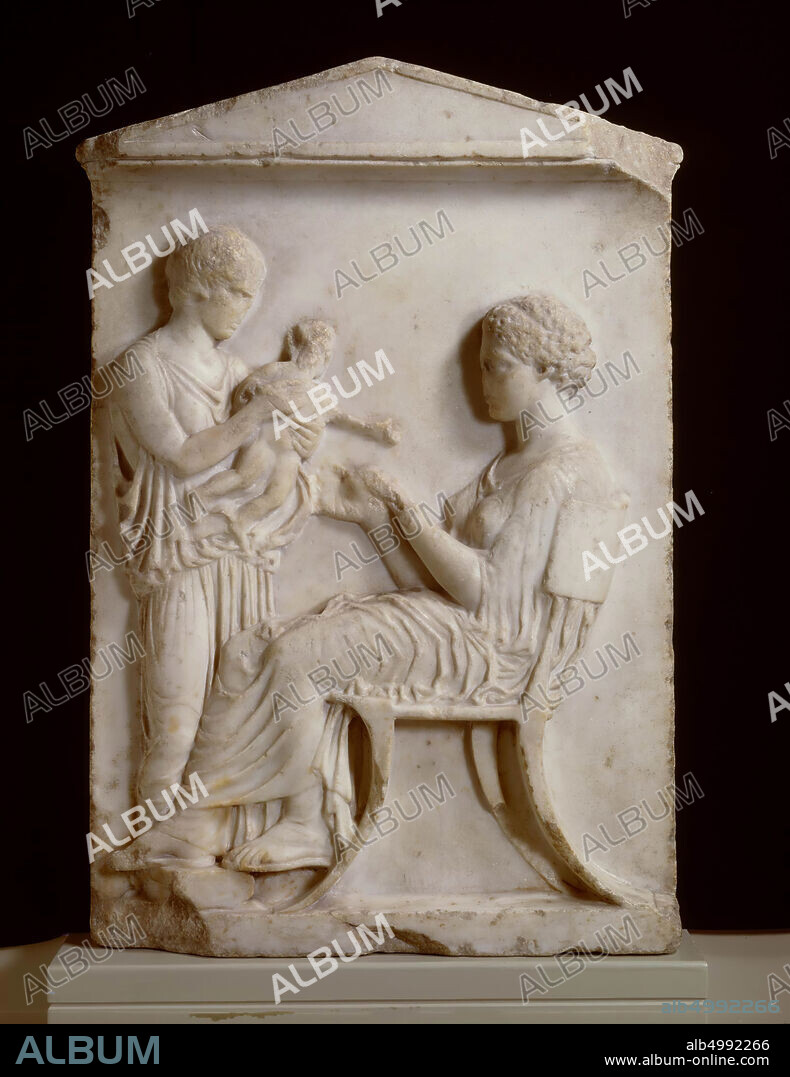 Attic grave relief with fronton. Woman on chair with back rest stretches out hands to standing woman with child., Sculpture, grave relief, naïskos, relief of the Tombe, marble, 67.5 x 47 cm, 430-425 BC, Netherlands, South Holland, Lisse, Lisse, Greece.