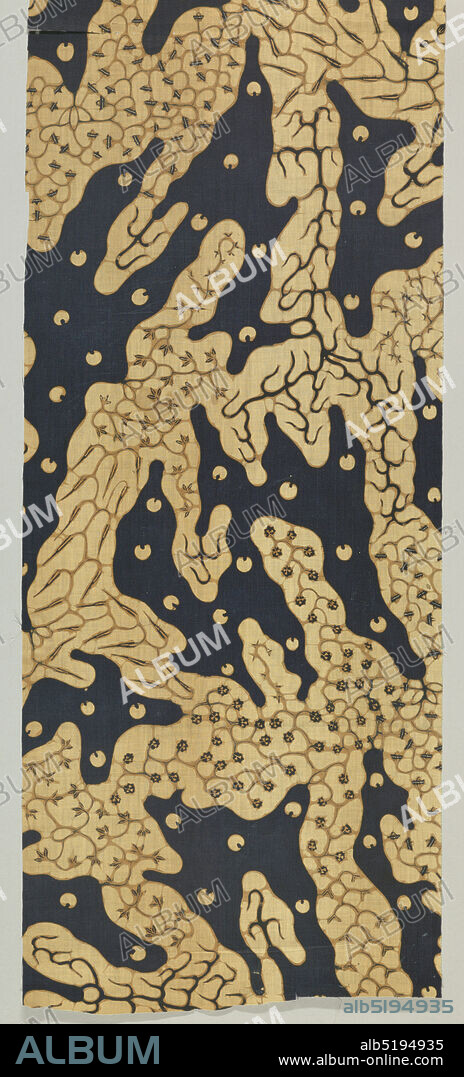 Textile, Medium: cotton Technique: wax resist dyeing (batik) on plain weave, Off-white organic forms on dark blue ground filled with creeping vines in tan showing different, dark blue, leaf and floral designs at the ends. Interspersed off-white dots with indent throughout ground., Indonesia, 19th century, printed, dyed & painted textiles, Textile.