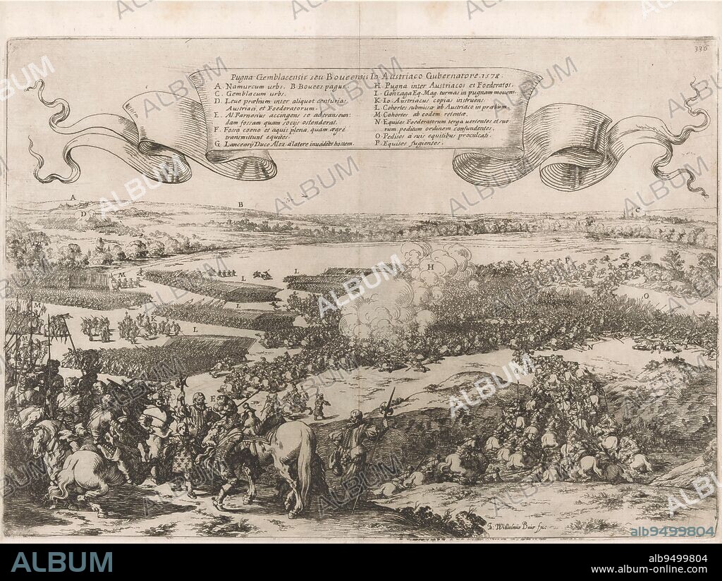 Battle of Gembloers, January 31, 1578. Battle in which the State army is defeated by Farnese's army. In the distance the towns of Namur and Gembloux. At top a banderole with the title and legend A-P in Latin. Numbered at top right: 336. Battle of Gembloers, 1578 Pugna Gemblacensis seu Boueensis Io. Austriaco Gubernatore 1578 , print maker: Johann Wilhelm Baur, (mentioned on object), publisher: Franciscus Corbelletti, Rome, 1632, paper, etching, h 295 mm × w 420 mm.