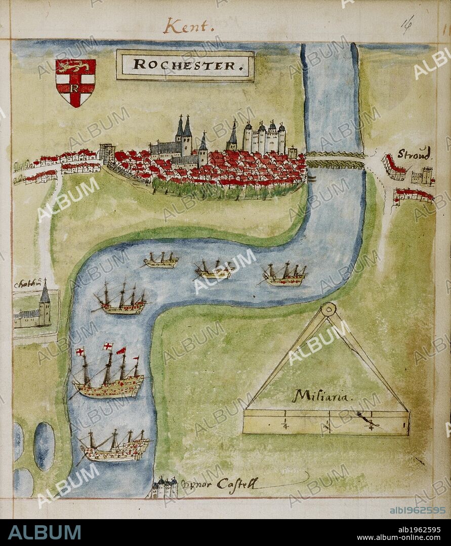 A coloured plan of Rochester, Kent. The River Medway is shown. . The Particular Description of England. 1588. Source: Sloane 2596 f.16.