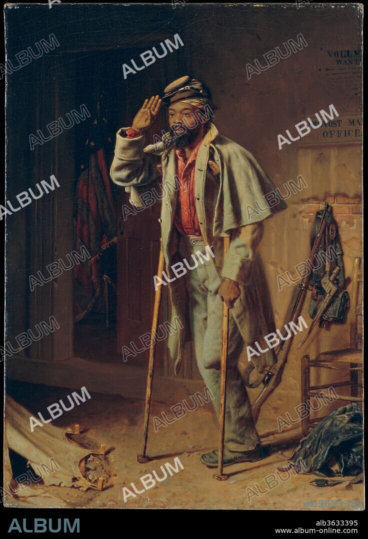 A Bit of War History: The Veteran. Artist: Thomas Waterman Wood (American, Montpelier, Vermont 1823-1903 New York). Dimensions: 28 1/4 x 20 1/4 in. (71.8 x 51.4 cm)
(framed with 84.12a and 84.12b). Date: 1866.
This painting is one of a group of three canvases (84.12a--c) said to have been inspired by the imagined narrative of an African American soldier in the Civil War. In "The Contraband," (84.12a) the newly emancipated slave, his belongings wrapped in an old kerchief, seeks enlistment in the Union army. Having been trained for service and wearing his uniform, he looks happy and proud in "The Recruit" (84.12b). In "The Veteran," he is an amputee returning to the same office to draw his back pay or pension. Wood used a slightly different palette and handling in each picture, suggesting that the works were not painted in quick succession.