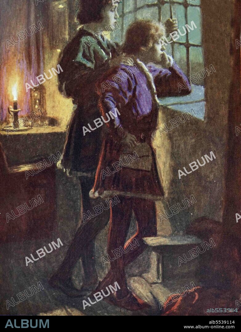 Illustration showing the princes in the Tower, Edward V, King of England and Richard of Shrewsbury, Duke of York. The two brothers were the only sons of Edward IV, King of England and Elizabeth Woodville surviving at the time of their father's death in 1483. When they were 12 and 9 years old, respectively, they were lodged in the Tower of London by the man appointed to look after them, their uncle, the Lord Protector: Richard, Duke of Gloucester.