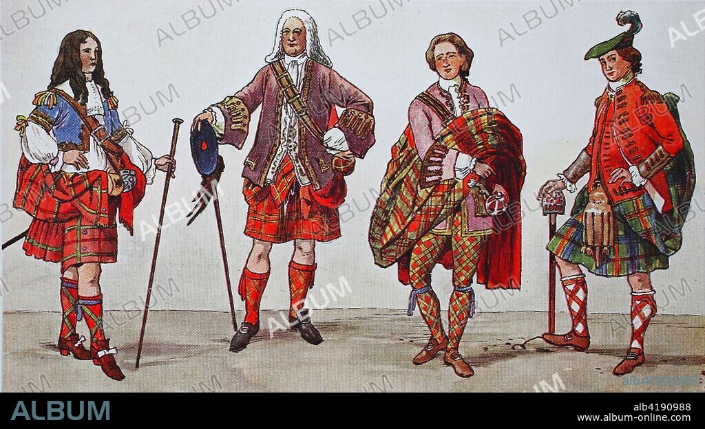 Fashion, costumes, clothing in Scotland, from the left, a gentleman of the Clan Roberts in 1670, then a gentleman of the Clan Intoshes, early 18th century, a gentleman of the clan Ogilios, mid-18th century, regimental costume in the colors of the clan Kennedy, late 18th century, digital improved reproduction from an original from the year 1900.