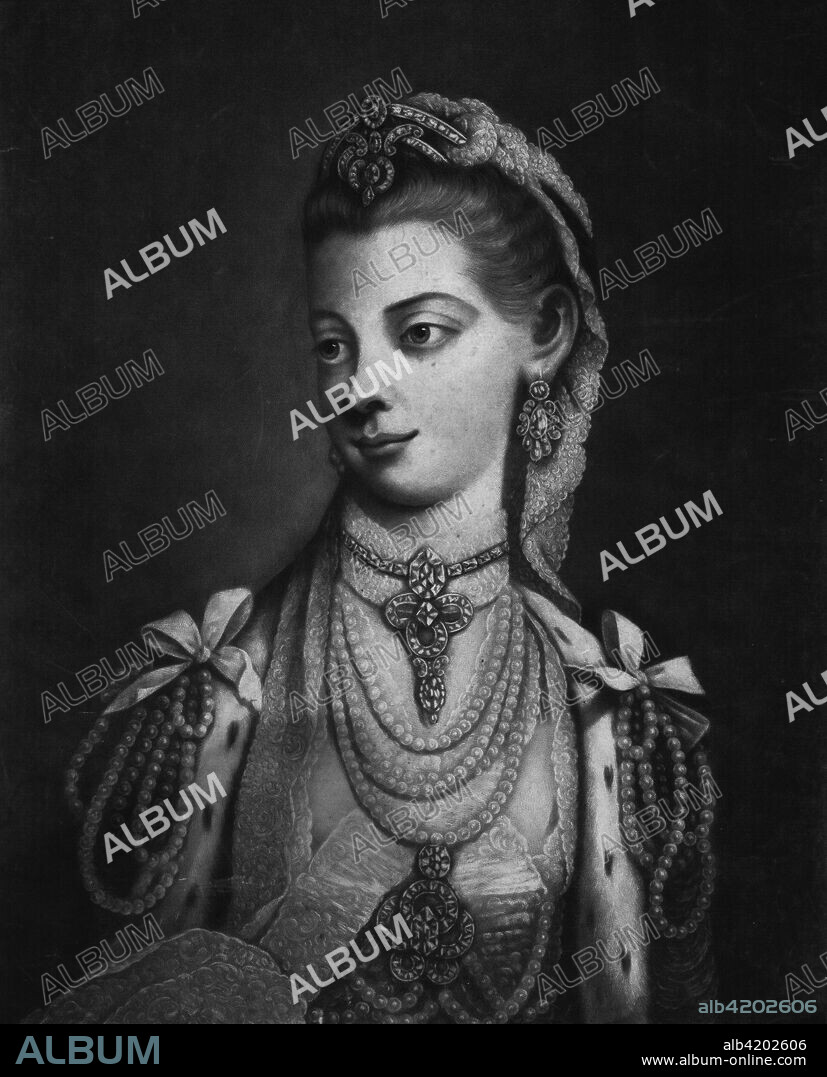 'Her Most Excellent Majesty Charlotte Queen of Great Britain', 1762. Sophia Charlotte of Mecklenburg-Strelitz (1744-1818), Queen consort of George III, wearing ermine, ropes of pearls, and jewels.
