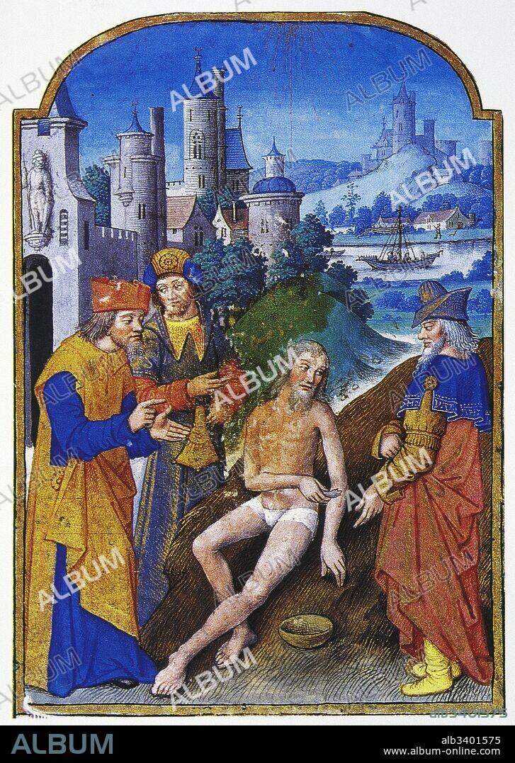 Libro de hora (horarium), S. XV. Manuscrito iluminado de devoción cristiana. El profeta Job es sometido a una prueba establecida por un ángel caído, con autorización de Dios. Miniatura de "Jacob lamentándose de la prueba a seguir (enfermedad de la sarna) para demostrar su fidelidad a Dios. Museo Condé. Castillo de Chantilly. Francia.