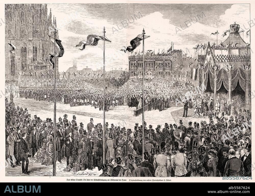 zu: Köln (Nordrhein-Westfalen), Dom. "Die Feier der Schlußsteinlegung am Südportal (...) ". (15. Okt. 1880: Durch Kaiser Wilhelm I.). Holzstich nach Zeichnung von Hermann Lüders (1836-1908). Aus: Illustrirte Zeitung, 75. Bd., Nr. 1950, Leipzig, 13. Nov. 1880, S. 268/69. Berlin, Sammlung Archiv für Kunst und Geschichte.