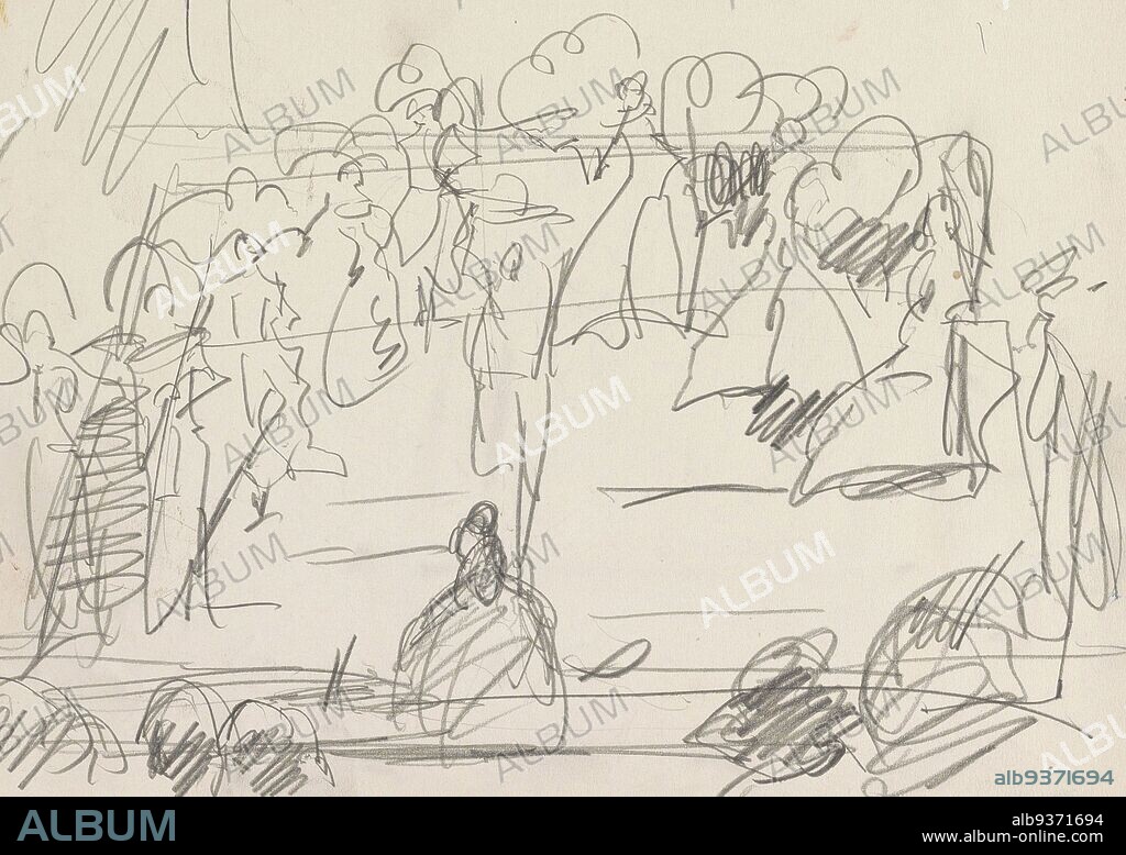 Front viewers, seen from behind. In the middle the conductor in the orchestra pit. On stage probably revued dancers. Sheet 8 recto from sketchbook II with 23 sheets, Dance performance, Isaac Israels, 1875 - 1934.